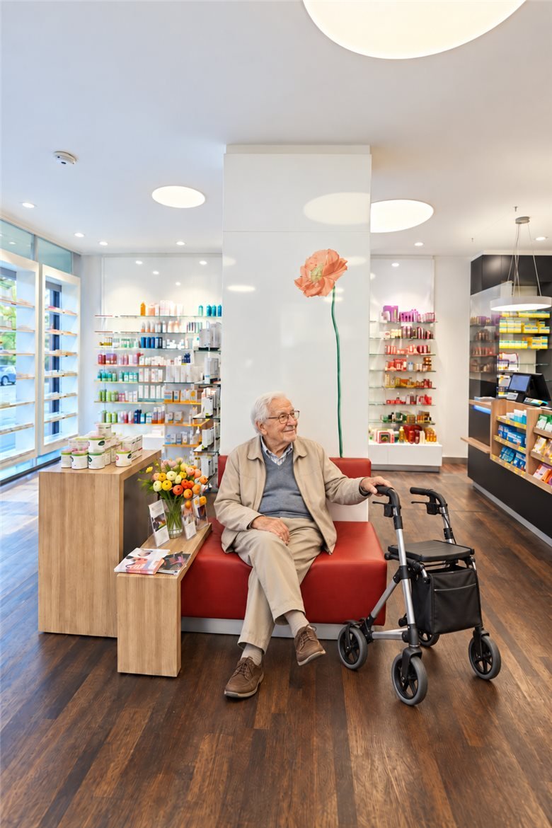 Älterer Herr sitzt entspannt auf der roten Sitzbank in der Hausdorff Apotheke Bonn-Kessenich, neben sich sein Rollator