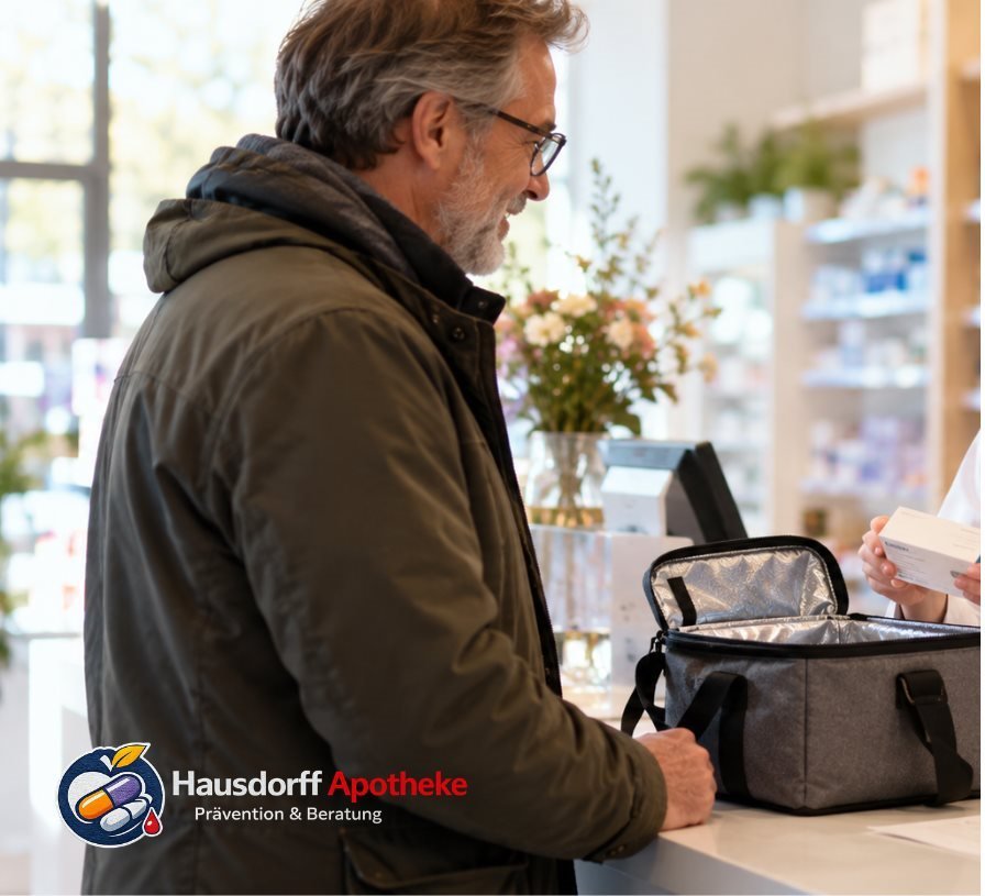 Kunde holt an der Kasse der Hausdorff Apotheke einen Impfstoff ab und bringt dafür eine Kühltasche mit