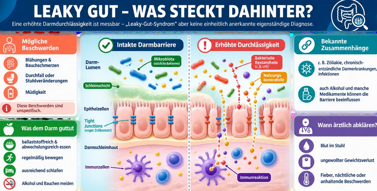 Infografik „Leaky Gut – was steckt dahinter?“: Gegenüberstellung einer intakten Darmbarriere und einer erhöhten Durchlässigkeit mit Mikrobiota, Schleimschicht, Epithelzellen, Tight Junctions und Immunzellen. Mögliche unspezifische Beschwerden (Blähungen, Bauchschmerzen, Durchfall, Müdigkeit), was dem Darm guttut (ballaststoffreich essen, bewegen, schlafen, Alkohol und Rauchen meiden), bekannte Zusammenhänge und Warnzeichen zur ärztlichen Abklärung (Blut im Stuhl, Gewichtsverlust, Fieber).