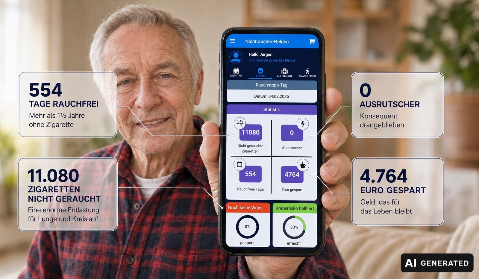 KI-generiertes Beispielbild: Älterer Mann hält ein Smartphone mit der Nichtraucher-Helden-App: 554 Tage rauchfrei, 11.080 nicht gerauchte Zigaretten, 0 Ausrutscher und 4.764 Euro gespart.