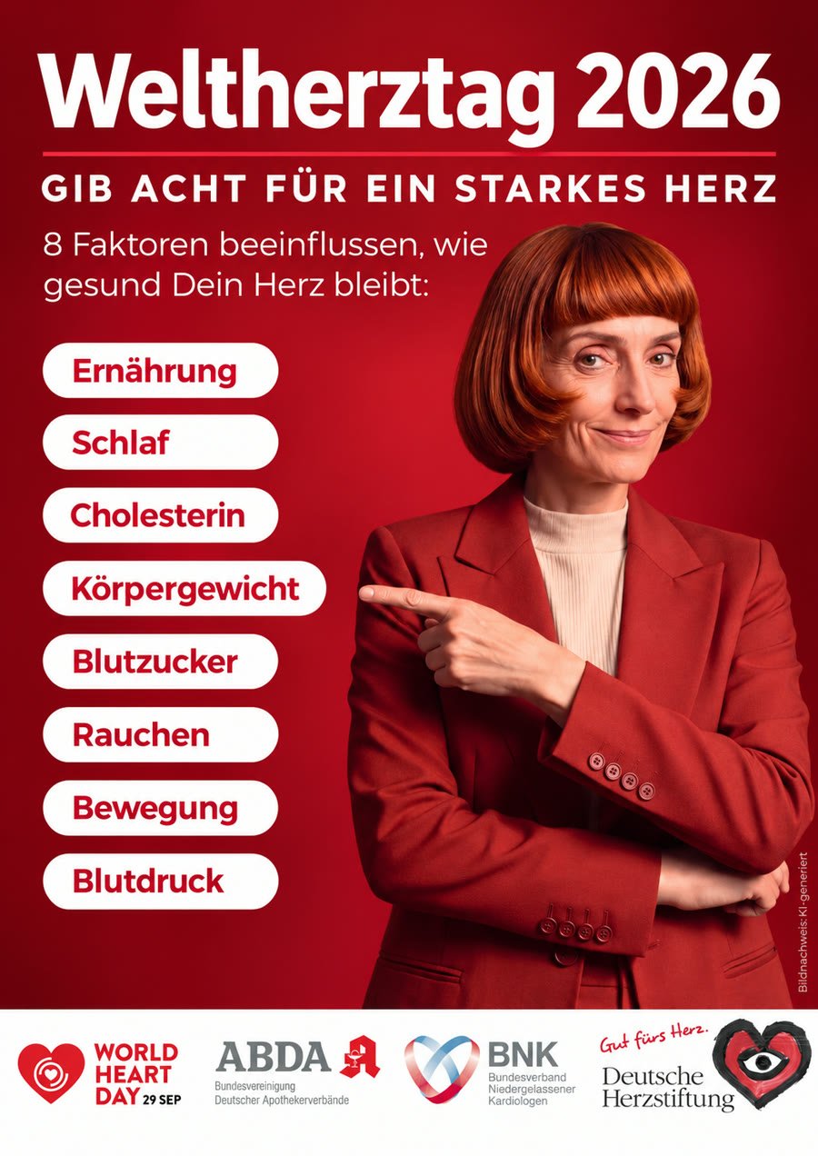 Plakat zum Weltherztag 2026: Gib acht für ein starkes Herz – acht Faktoren beeinflussen, wie gesund das Herz bleibt
